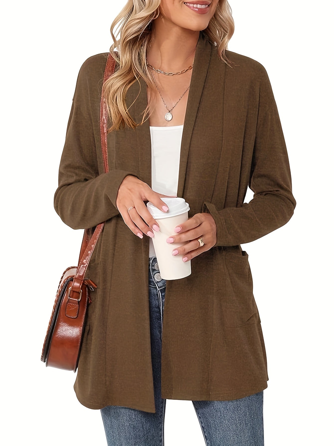 [Cozy Cardigan] Cozy Long Sleeve Open Front Cardigan | Women's Light Blue Sweater with Pockets, Relaxed Fit Sweater for Casual Fall/Winter Attire