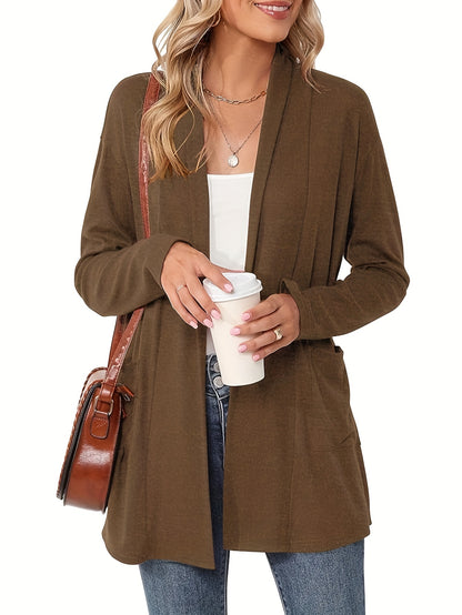 [Cozy Cardigan] Cozy Long Sleeve Open Front Cardigan | Women's Light Blue Sweater with Pockets, Relaxed Fit Sweater for Casual Fall/Winter Attire