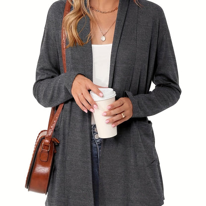 [Cozy Cardigan] Cozy Long Sleeve Open Front Cardigan | Women's Light Blue Sweater with Pockets, Relaxed Fit Sweater for Casual Fall/Winter Attire