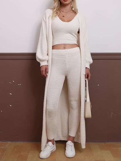 Casual Plush Three-piece Set, Crop Cami Top + Elastic Waist Pants + Open Front Pockets Cardigan Outfits, Women's Clothing