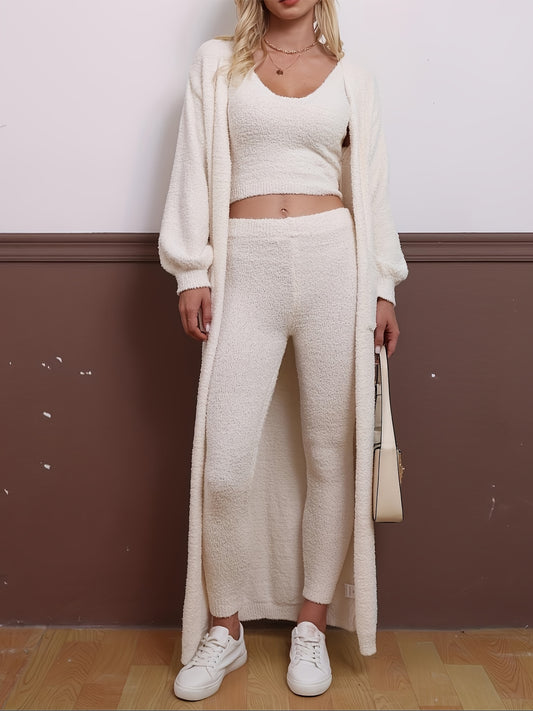 Casual Plush Three-piece Set, Crop Cami Top + Elastic Waist Pants + Open Front Pockets Cardigan Outfits, Women's Clothing