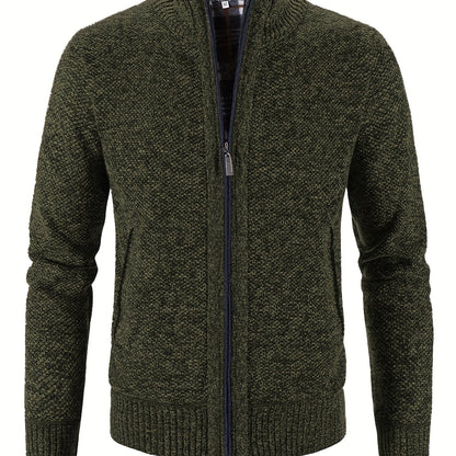 Warm Zip Up Jacket Sweater, Men's Casual Lapel Solid Color Cardigan For Fall Winter