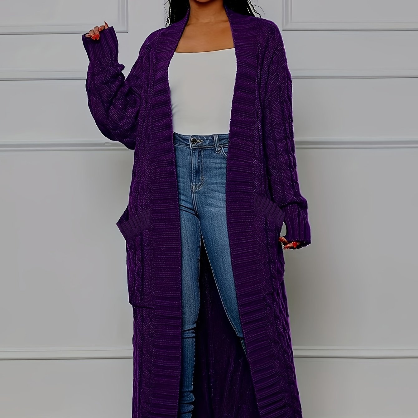 Long Length Cable Knit Cardigan, Elegant Solid Long Sleeve Sweater With Pockets, Women's Clothing