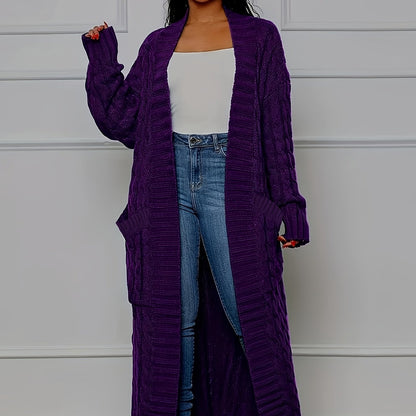 Long Length Cable Knit Cardigan, Elegant Solid Long Sleeve Sweater With Pockets, Women's Clothing