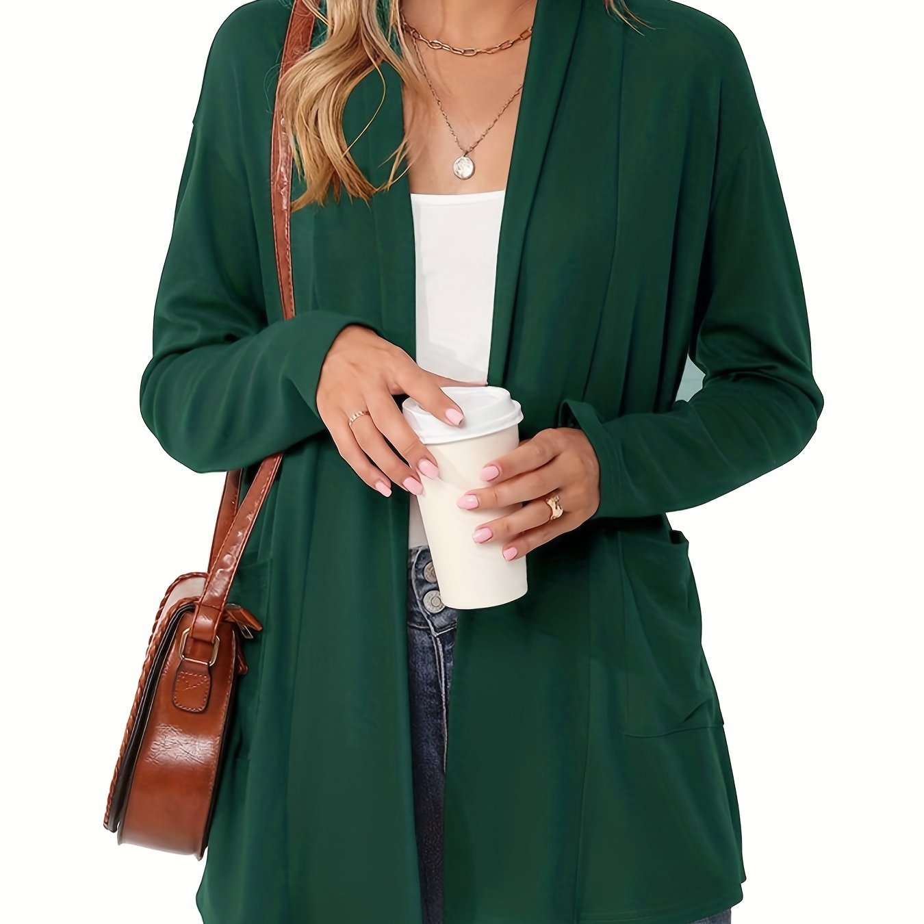 [Cozy Cardigan] Cozy Long Sleeve Open Front Cardigan | Women's Light Blue Sweater with Pockets, Relaxed Fit Sweater for Casual Fall/Winter Attire